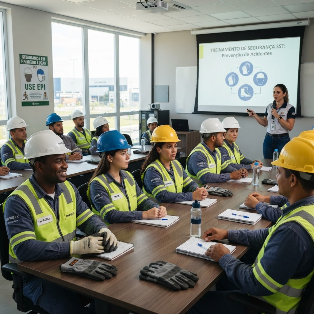 Colaboradores com equipamentos de proteção durante um treinamento de segurança do trabalho